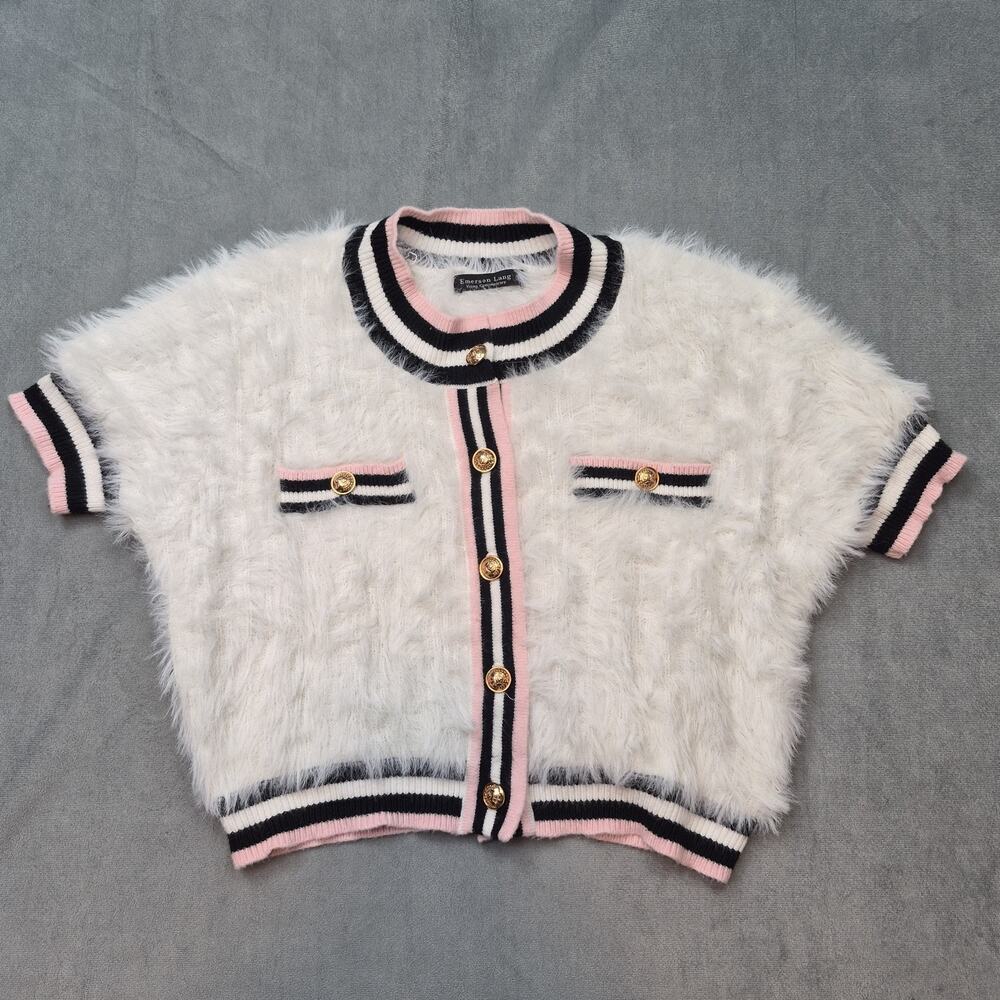 Emerson Lang Clueless Academia Cropped Eyelash Fuzzy M Cardigan White Pink Black